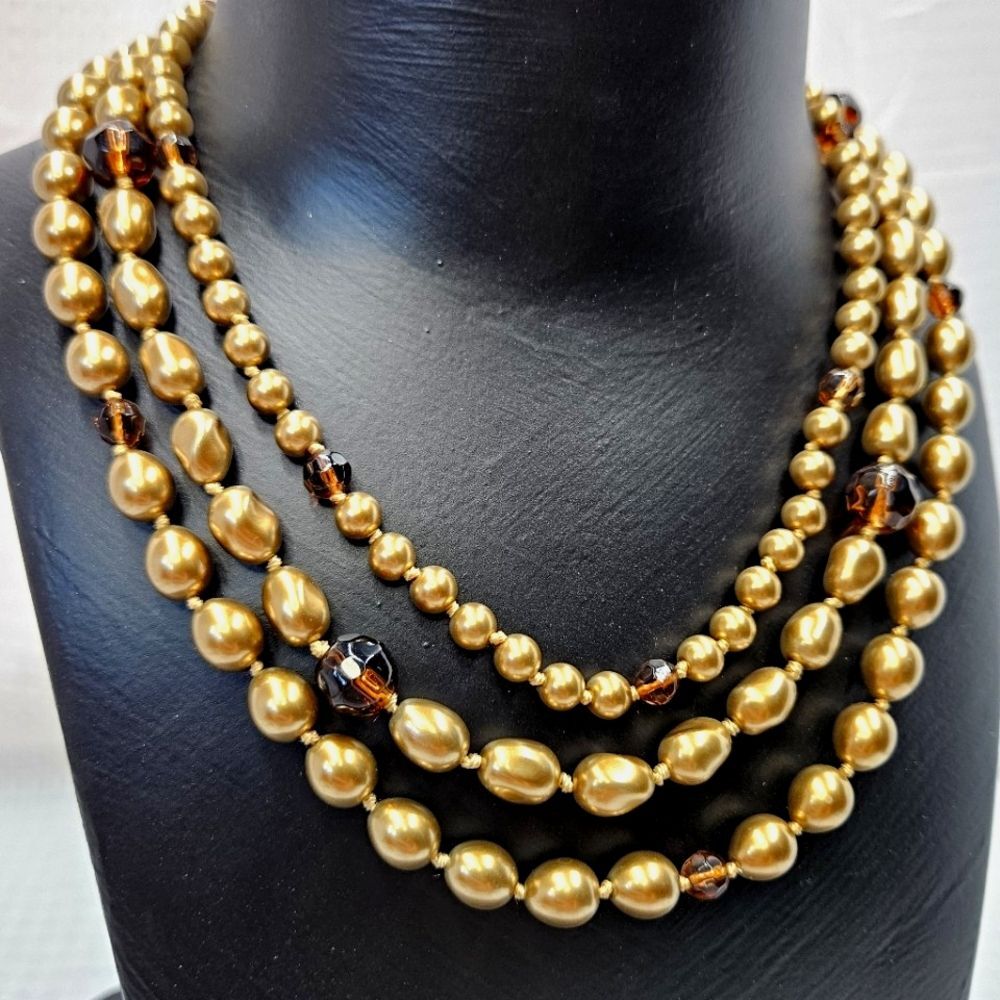 Vintage Monet Triple Strand Toggle Necklace - Champagne